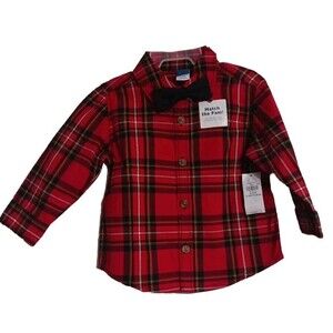 NWT Boys Infant Old Navy Red Plaid Poplin Shirt & Black Bow Tie Size 6-12 Months